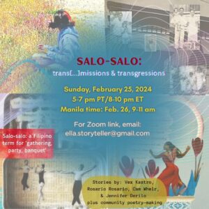 Flyer for Salo-salo: trans[...]missions & transgressions. Feb. 24, 2024. Over Zoom.