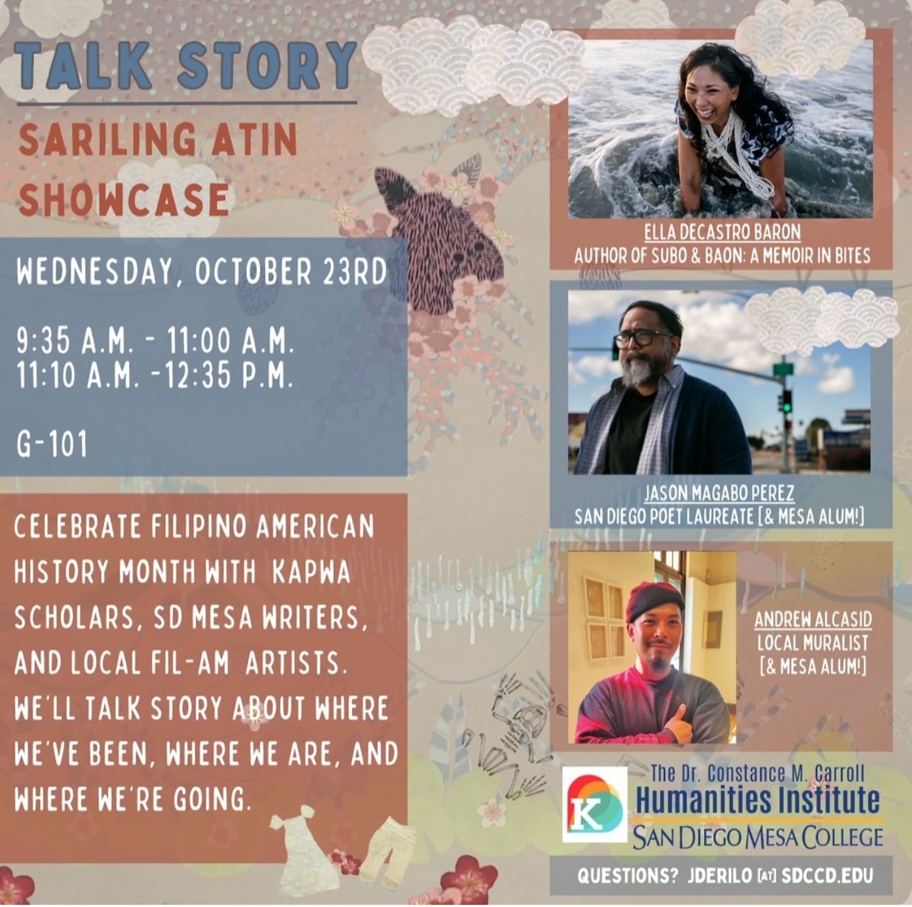 Flyer for Talk Story showcase. Mesa College. G-101. Oct 23, 2024. 9:35 am - 12:35 pm